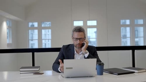 Office Worker Talking on Phone Working with Laptop Business Man Have Phone Meeting at Office