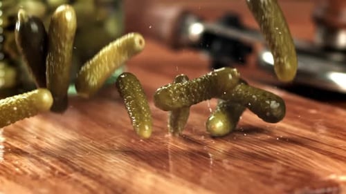 Falling Pickles onto Wooden Board Food Preparation