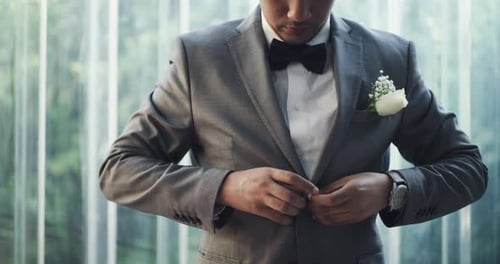 Man Buttons Suit Jacket Before Wedding Ceremony