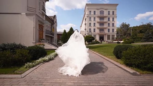 Bride Walking in White Wedding Dress on Sunny Day