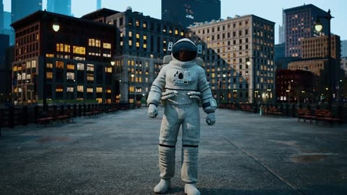 Astronaut in a Space Suit Stands Alone on a Crowded City Sidewalk