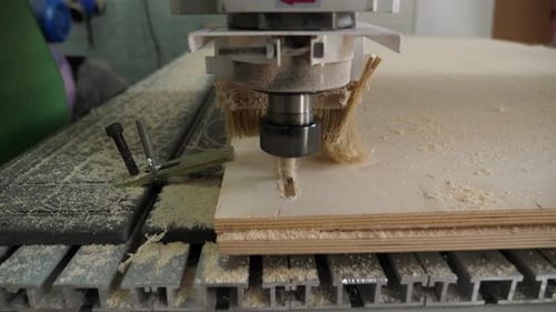 A Powerful Cutter for Wood Materials Works with Plywood in a Carpentry Workshop
