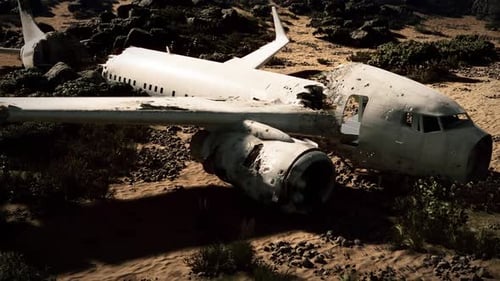 Plane Wreckage in Remote Desert Area After a Catastrophic Crash Incident
