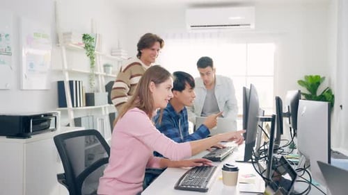Group of young businessman and businesswoman people working in office.