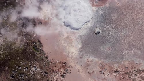Unique volcanic landscape in Iceland with large bubbling mud pool, aerial