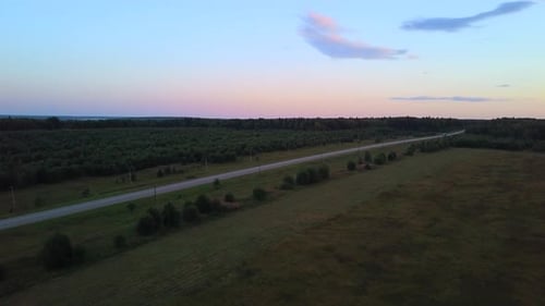 Aerial Scenic View of a Valley with Spruce Forest Green Field and Two Lane Road