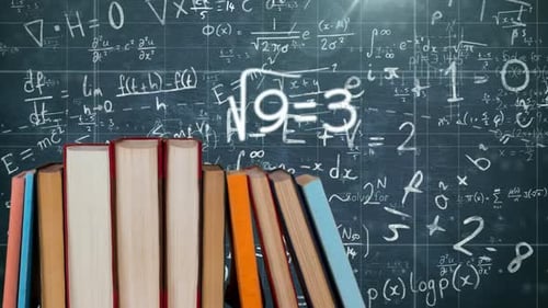 Animated Math Formulas and Books on a School Chalkboard