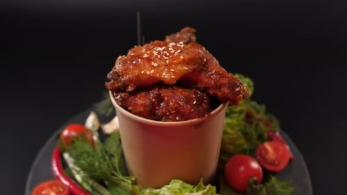 Spicy Chicken Wings Doused in Sauce Swirl in a Paper Bucket