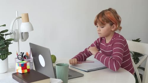 Primary Middle School Redhead Caucasian Student Child Girl Study Use Laptop Distance Learning Online