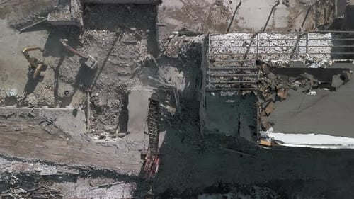 Aerial Shot of Destroyed Buildings Demolition of the Building Top Down View