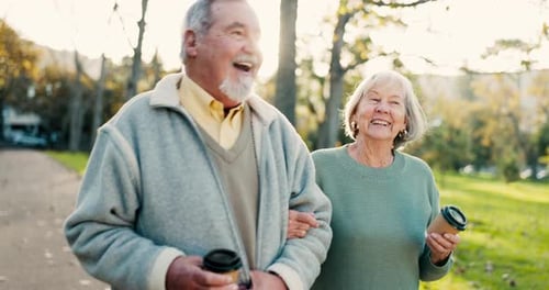 Retirement, coffee and an elderly couple walking in the park together for romance during summer