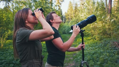 Observation des
oiseaux dans le parc. Couple observe les oiseaux avec des jumelles et un appareil photo avec téléobjectif. Oiseau amateur