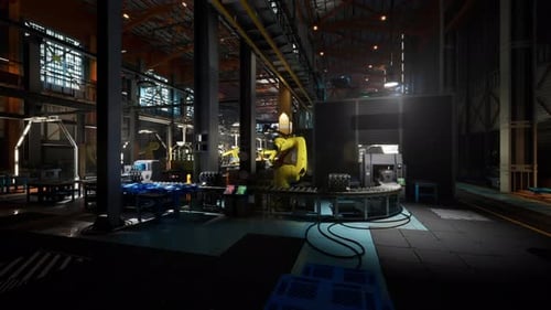 Cinta transportadora con brazos robóticos que funciona en una fábrica concurrida por la noche