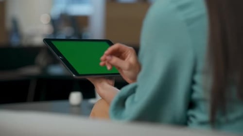 Leader Fingers Swiping Mockup Tablet at Office Closeup