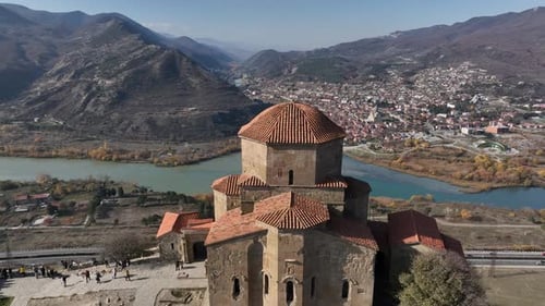 Flying around the historic Jvari monastery from 6th century in Mtskheta, Georgia. Aerial footage