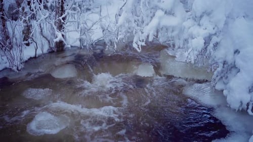 Water Rushing From Frozen Landscape Of A Mountain Creek. Close-up Shot