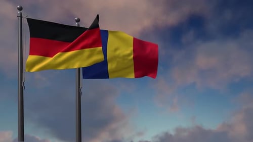 Germany and Romania National Flags Waving on Flagpoles