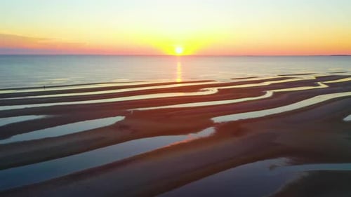 Cape Cod Bay Epic Sun Set Aerial Pan Right Drone Footage of Beach at Low Tide with People Walking, S
