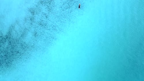 stand up paddling sub Turquoise crystal clear light blue water Magic aerial view flight vertical bir