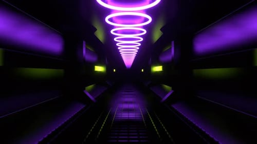 Purple And Light Green Endless Sci Fi Corridor With Neon Lighting Background Vj Loop I 4K
