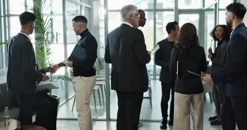 Business people, employees and meeting with handshake, conference and workshop in office