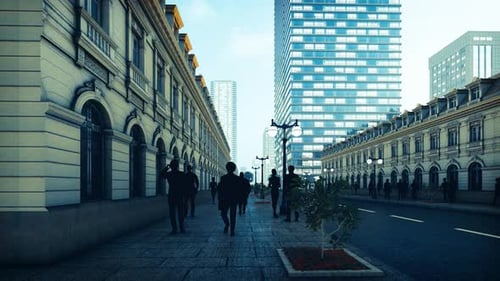 Silhouettes of Businessman Walking on Sidewalk nearby the Street