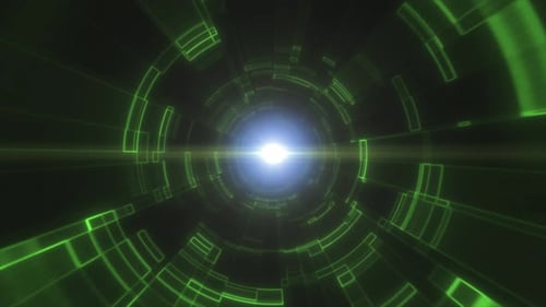 Ein futuristischer, grüner digitaler Tunnel mit konzentrischen Kreismustern und glühender Linientechnologie