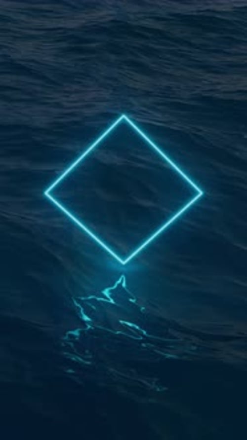 Abstract animation of glowing blue neon rhomb frame over dark blue ocean