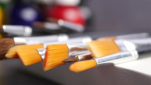 A Variety of Assorted Paintbrushes on Canvas Set Against Colorful Backgrounds