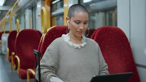 Relaxed Freelancer Typing Laptop in Train Wagon Close Up Woman Working Remotely