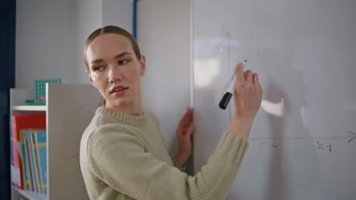 School Teacher Solving Math Problems Whiteboard Closeup Woman Drawing Diagrams