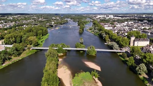 Drone shot of the Loire River in Tours, France