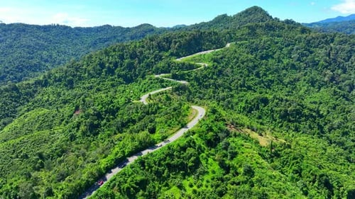 Aerial view of a dangerous winding highway in the jungle.