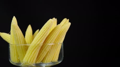 Marinated baby corn cobs rotating in glass bowl on black background close up. Canned baby corn