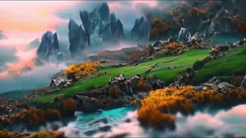 Animated Surreal Fantasy Mountain Landscape With Vibrant Colors
