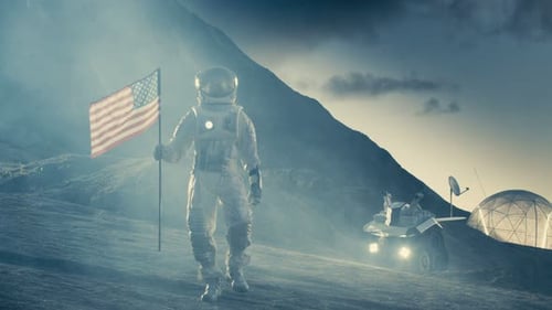 Astronaut walking on moon with American flag