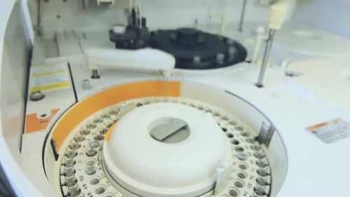 Medical Blood Separation Test Centrifuge In Chemical Laboratory. Close Up Medical Expertise Proce...