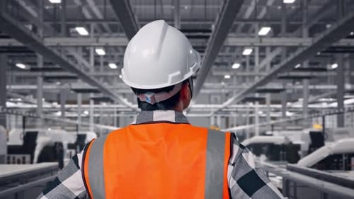 Close Up Back View Of A Male Engineer Looking Around While Arms Akimbo at Solar Panel Factory