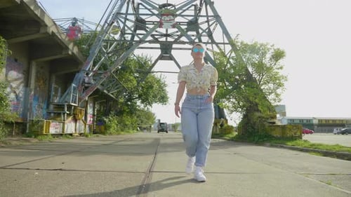 Trendy woman walks confidently through urban industrial area. Low angle, parallax tracking shot.