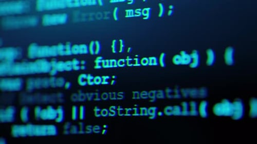 Gros plan de l'écran de l'ordinateur avec Code de programmation bleu, glitch, distorsion et bruit numérique