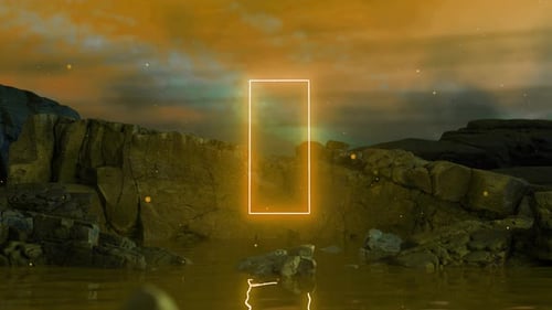 Glowing rectangular portal appearing on rocky coastline