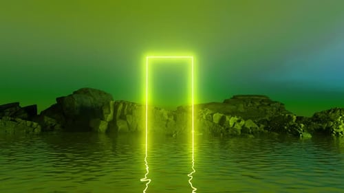 Bright neon green portal emerging from water by rocks