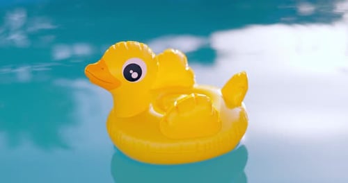 Aufblasbare gelbe Ente schwimmt an einem sonnigen Tag im Pool mit klarem blauem Wasser