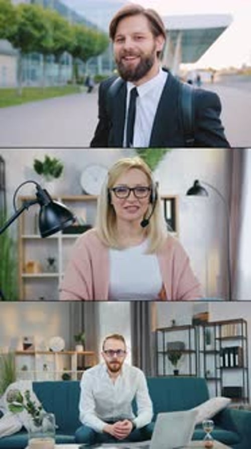 Split Screen of Attractive Positive Confident Skilled Multiethnic Businesspeople Which Posing on
