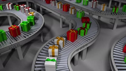 3D Animation of Colorful Gift Boxes on Moving Conveyor Belts