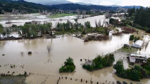 Aerial view of flooded valley, New Zealand.