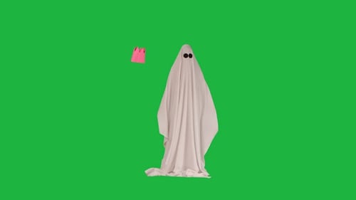 Halloween Ghost in White Sheet and Pink Paper Crown Moving Around Isolated on Chroma Key Green