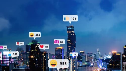 Social Media Icons Fly Over City Downtown Showing People Reciprocity Connection Through Social