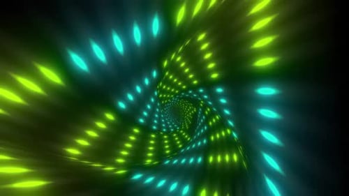 Vibrant neon tunnel vortex with pulsing lights, dynamic motion journey