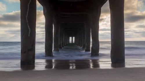 Timelapse - Sunset View Under The Pier At Manhattan Beach, California, USA.